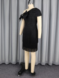 Slash shoulder Rhinestone Bow Fringe Midi Dress GKEN-ADR051214