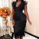 Plus Size Tassel Ruffles Deep V Neck Midi Dress GKEN-ADR051180