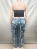 High Waisted Pleated Frayed-edge Straight Jeans GAKF-51101