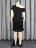 Slash shoulder Rhinestone Bow Fringe Midi Dress GKEN-ADR051214