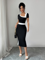 Slash Neck Color Block Midi Dress GZEY-K26130056