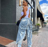 High Waisted Pleated Frayed-edge Straight Jeans GAKF-51101