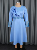 Plus Size Ruffles Neck Lantern Sleeve Sequin Midi Dress GKEN-AM050769