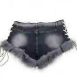 Retro Fur Patchwork Studs Denim Shorts GQLF-3010