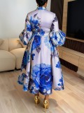 Plus Size Lantern Sleeve Print Midi Dress GQLK-6301