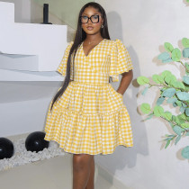 Plaid Print V Neck Loose Mini Dress GANY-LB2248