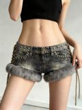 Retro Fur Patchwork Studs Denim Shorts GQLF-3010