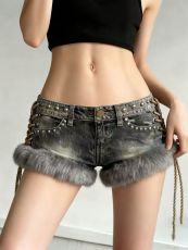 Retro Fur Patchwork Studs Denim Shorts GQLF-3010