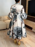 Plus Size Lantern Sleeve Print Midi Dress GQLK-6301