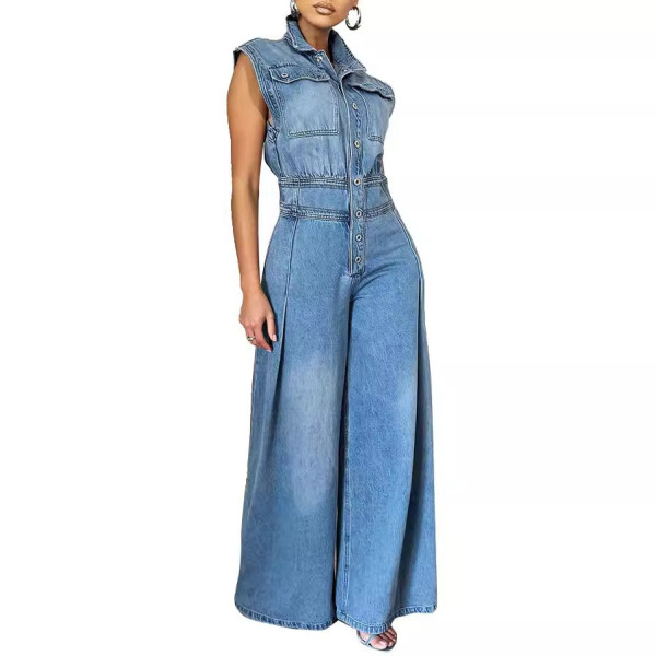 Sleeveless Washed Denim Jumpsuit GQLF-88680