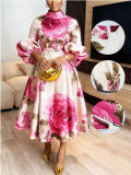Plus Size Lantern Sleeve Print Midi Dress GQLK-6301