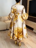 Plus Size Lantern Sleeve Print Midi Dress GQLK-6301