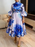 Plus Size Lantern Sleeve Print Midi Dress GQLK-6301