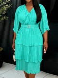 Plus Size Belt Press Pleated Cake Midi Dress GKEN-AM040936