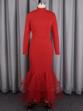 Mesh Patchwork Long Sleeve Midi Dress GKEN-ADR060107
