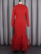 Mesh Patchwork Long Sleeve Midi Dress GKEN-ADR060107