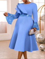Plus Size Ruffles Neck Lantern Sleeve Sequin Midi Dress GKEN-AM050769