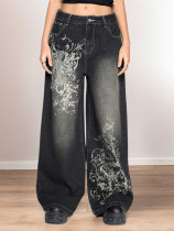 Vintage-print Loose-fit Wide-leg Jeans GQLF-1782