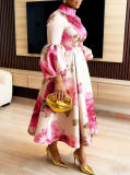 Plus Size Lantern Sleeve Print Midi Dress GQLK-6301
