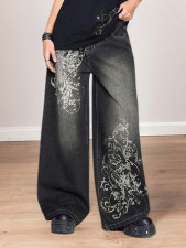 Vintage-print Loose-fit Wide-leg Jeans GQLF-1782