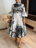 Plus Size Lantern Sleeve Print Midi Dress GQLK-6301