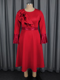 Plus Size Ruffles Neck Lantern Sleeve Sequin Midi Dress GKEN-AM050769