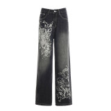 Vintage-print Loose-fit Wide-leg Jeans GQLF-1782