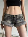 Retro Fur Patchwork Studs Denim Shorts GQLF-3010