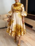 Plus Size Lantern Sleeve Print Midi Dress GQLK-6301