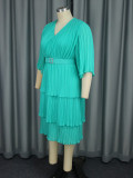 Plus Size Belt Press Pleated Cake Midi Dress GKEN-AM040936
