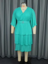Plus Size Belt Press Pleated Cake Midi Dress GKEN-AM040936