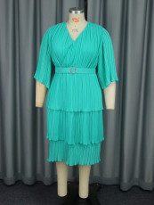 Plus Size Belt Press Pleated Cake Midi Dress GKEN-AM040936