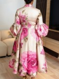 Plus Size Lantern Sleeve Print Midi Dress GQLK-6301