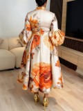 Plus Size Lantern Sleeve Print Midi Dress GQLK-6301