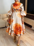 Plus Size Lantern Sleeve Print Midi Dress GQLK-6301