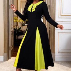 Plus Size Long Sleeve Color Block Long Dress GKEN-ADR051014