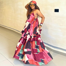 Ruffles Sling Print Patchwork Maxi Dress GANY-LB2787