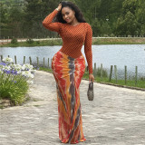 Long Sleevel Print Pleated Maxi Dress GANY-LB2359