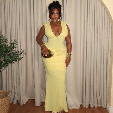 Sexy V Neck Sleeveless Pleated Maxi Dress GANY-HB35