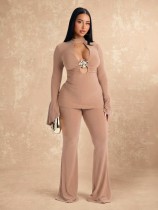 Deep V  Neck Long Sleeve Two Piece Pants Set GZIY-6365
