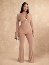Deep V  Neck Long Sleeve Two Piece Pants Set GZIY-6365
