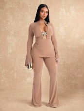 Deep V  Neck Long Sleeve Two Piece Pants Set GZIY-6365