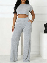 Solid Color Short Sleeve Wide Leg Pants 2 Piece Set HNIF-MC018