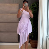 Solid Color Single Shoulder Ruffles Midi Dress GANY-LB1705