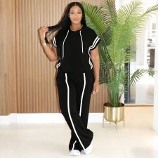 Stripe Patchwork Sleeveless T Shirt Sport Pant Suit HNIF-MC016
