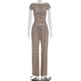 Stripe Print Cardigan Two Piece Pants Set GSBW-J26ST078