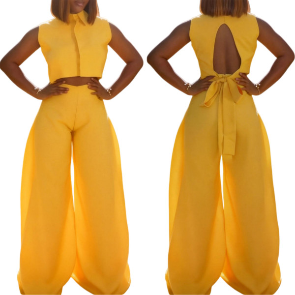 Solid Color Sleeveless Backless Tops Two Piece Pants Set OLYF-1971
