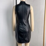 PU Leather Zipper Sleeveless Mini Dress GPBY-8177