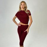 Solid Color Ruched Tops Seventh Pants Suit GDSF-J26ST024
