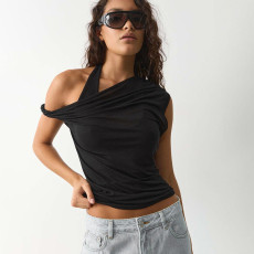 Solid Color Slash Shoulder Haterneck Tops GSBW-J26TP069